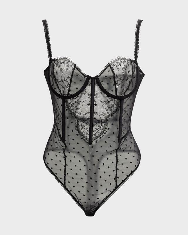 Merci Beaucoup Swiss Dot & Lace Thong Bodysuit